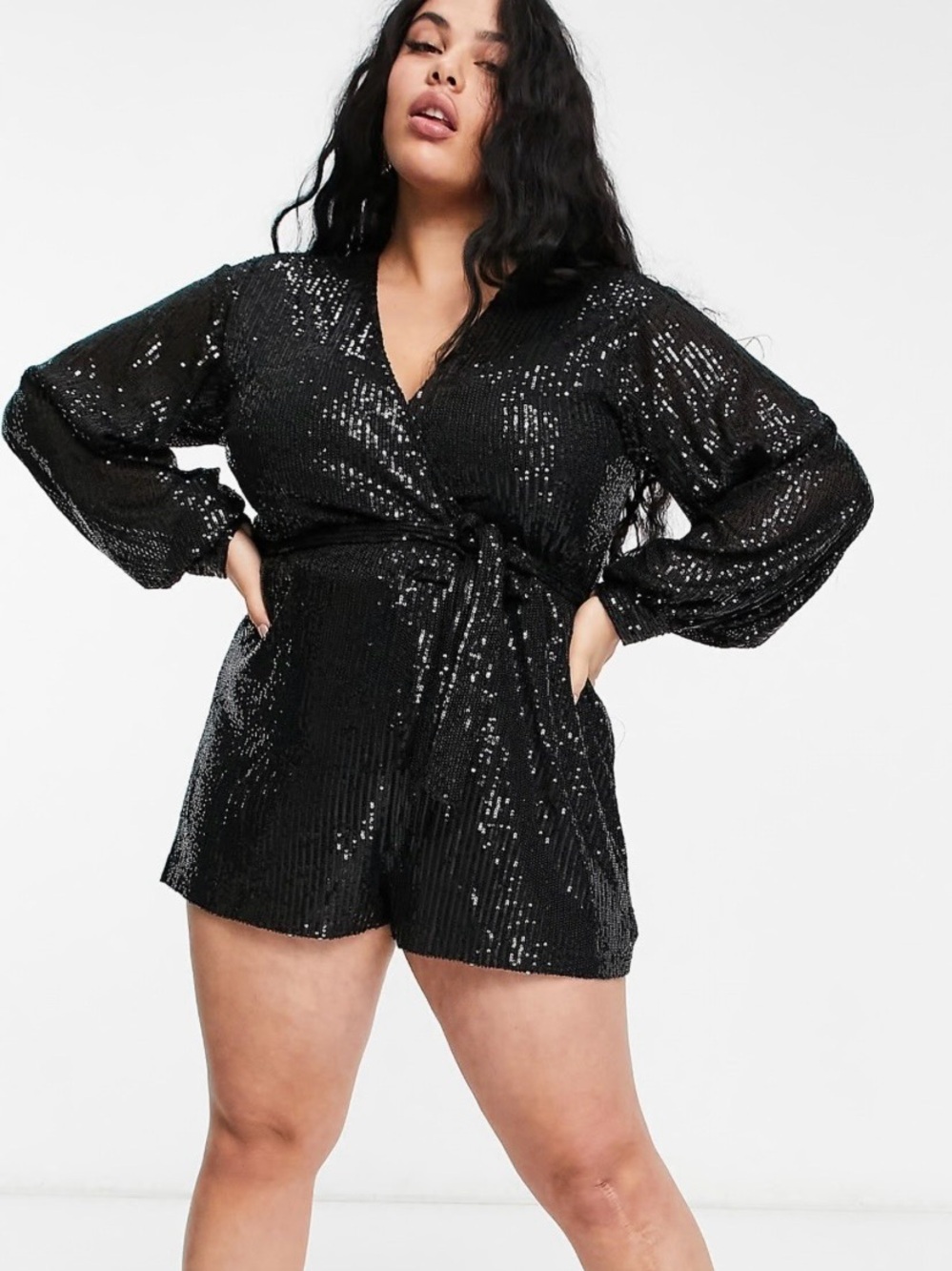 Saint Genies Black Sequin Wrap Playsuit Romper Plus Size US 16